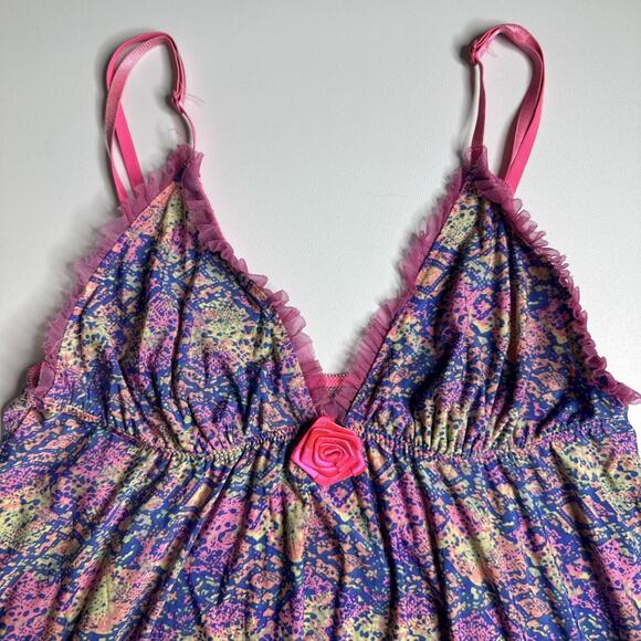 Y2K Fairycore Pink Rose Slip Dress Stretch Mesh Ruffle Coquette S XS Romantic - Picture 6 of 11